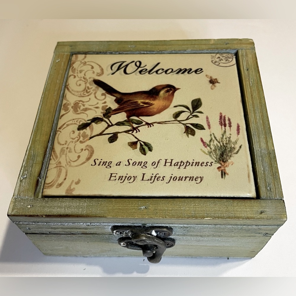 (4.75" square) Decorative Wooden Box with Bird Design